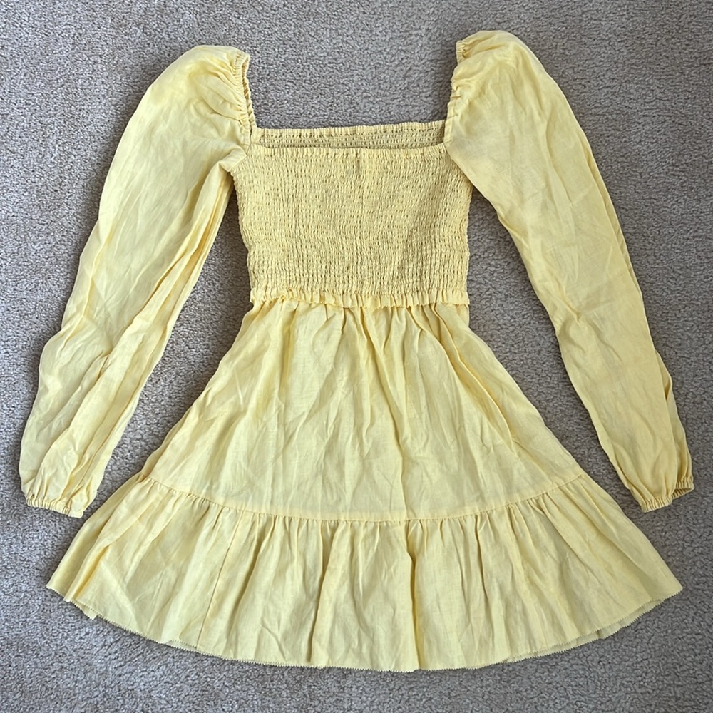 Aritzia Wilfred Tempest Linen Yellow Mini Dress Puff Sleeve XS Extra Small - Picture 4 of 7